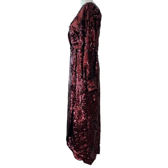 NWT TED BAKER $495 Emmalee Burgundy Sequin Midi Dress Plunge Neck Glam Party